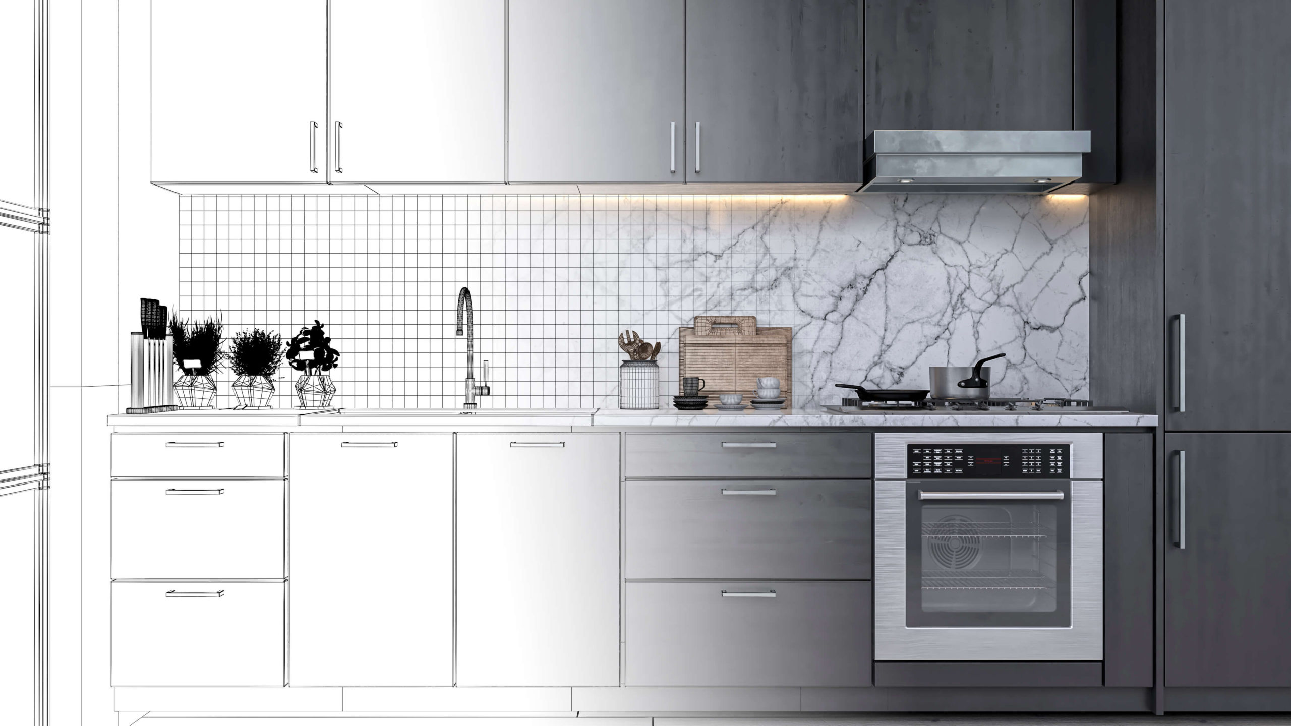 A design drawing of a kitchen that blends into the actual photo of the finished kitchen with cabinets and a range.
