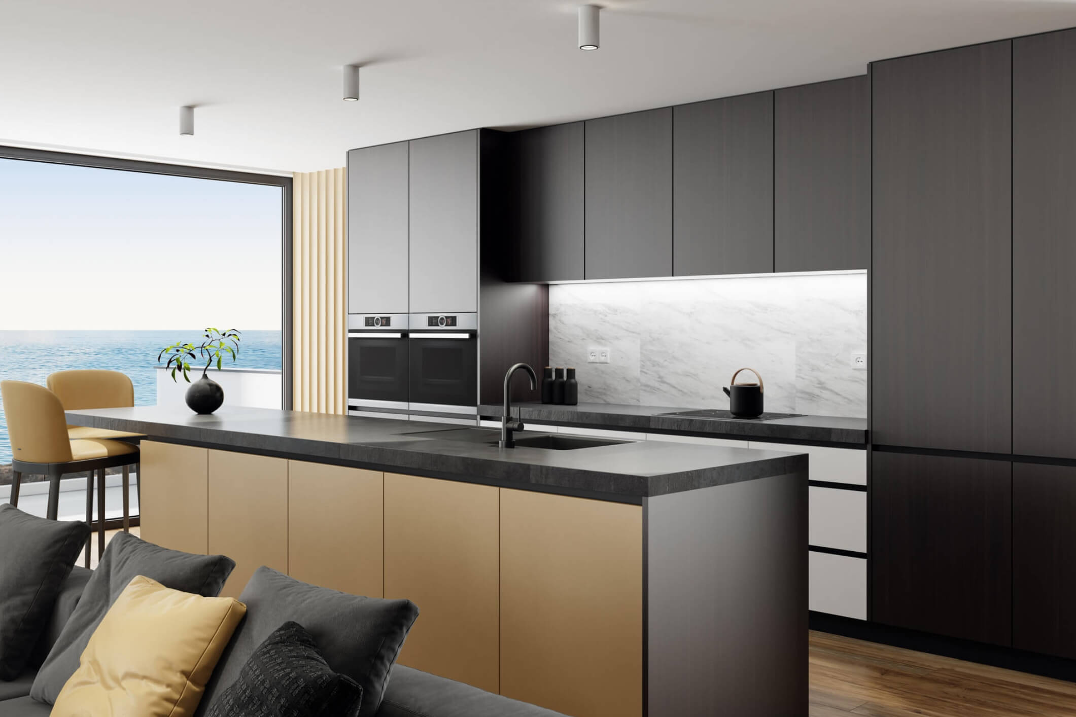 Modern kitchen with sleek, black cabinets and an island with a wood front. A large picture window shows the water.