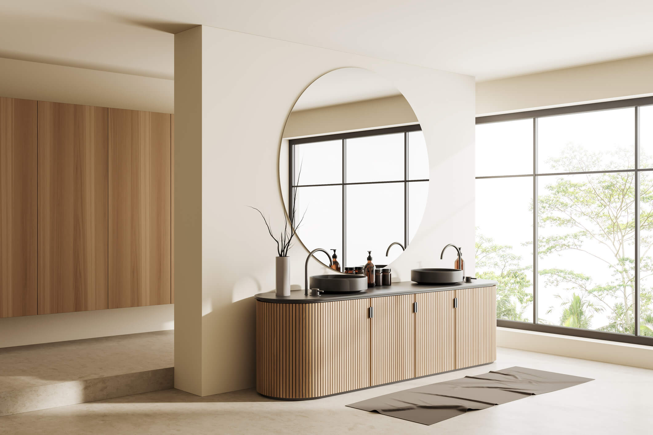 open concept bathroom with coastal inspired vanity with doors and wood. Large windows brighten the space and trees are seen outside.