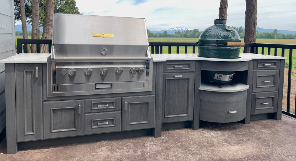 Outdoor kitchen cabinetry with grill and Big Green Egg