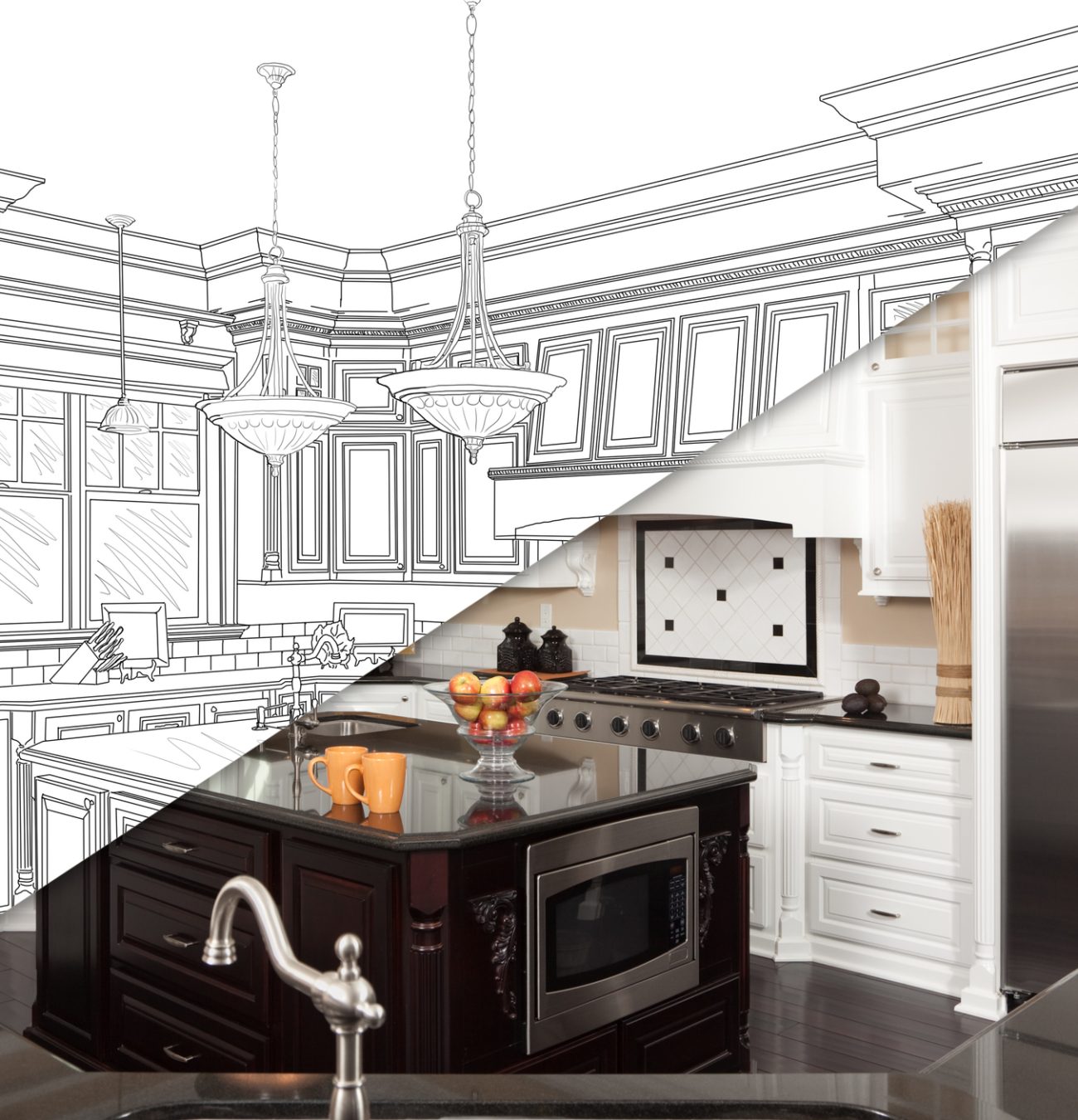 Diagonal Split Screen Of Drawing and Photo of Beautiful New Kitchen.